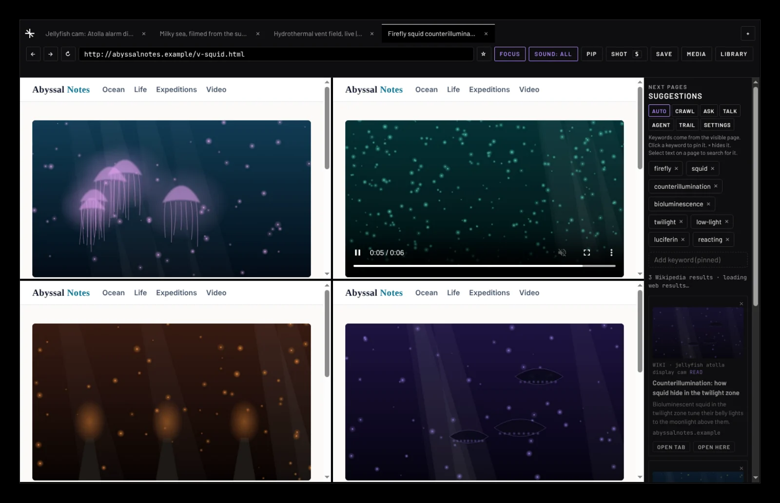 NODE in Mosaic with four video tabs in a grid and the Suggestions panel on the right.