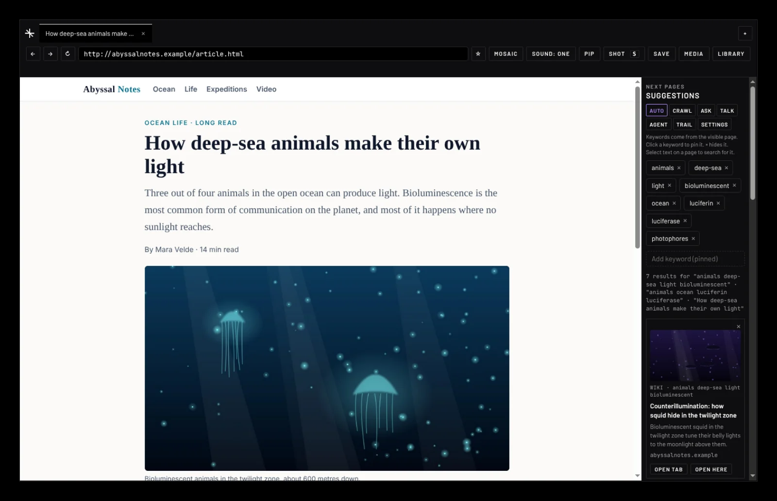 NODE with an article open and the Suggestions panel showing keywords and a result card.